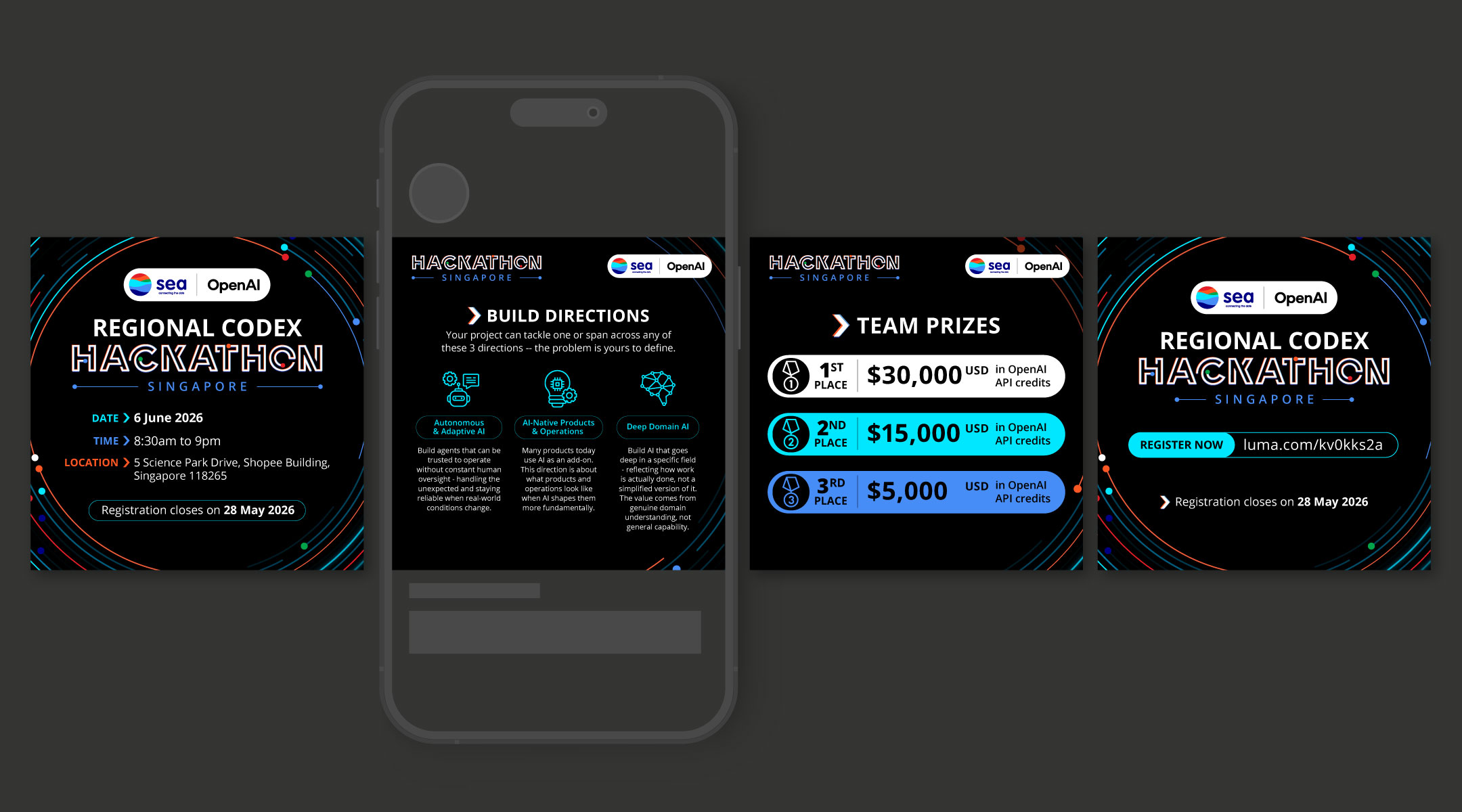 Social launch series, presented as an Instagram mockup — the Regional Codex Hackathon announcement, event details, build directions and team prizes posts